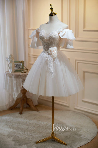 Cute Off the Shoulder Homecoming Dresses Short Sleeve Graduation Dress SD1503-Dresses 2025 -Viniodress-Ivory-Custom Size-