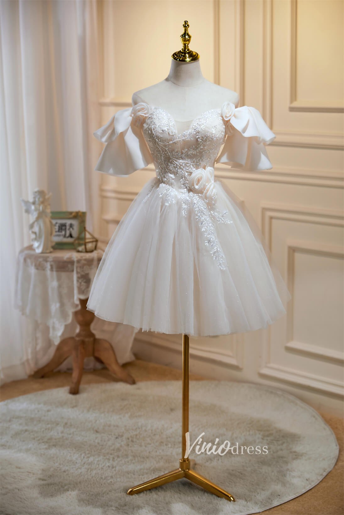 Cute Off the Shoulder Homecoming Dresses Short Sleeve Graduation Dress SD1503-Dresses 2025 -Viniodress-Ivory-Custom Size-