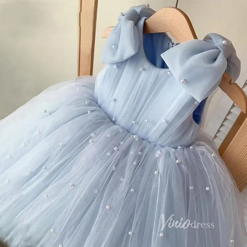 Cute Pearl Tulle Flower Girl Dresses with Bow GL1110-flower girl dresses 2025 -Viniodress-Dusty Blue-Custom Size-