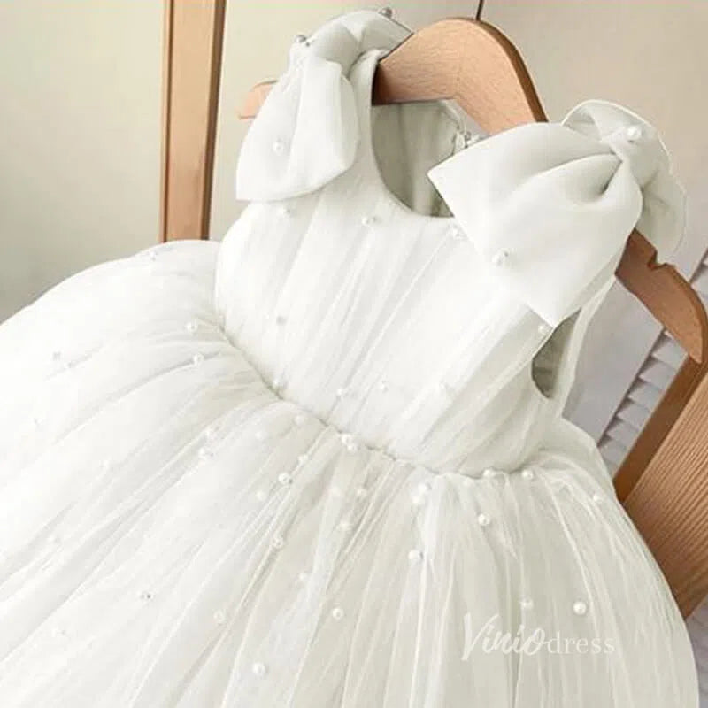 Cute Pearl Tulle Flower Girl Dresses with Bow GL1110-flower girl dresses 2025 -Viniodress-Ivory-Custom Size-