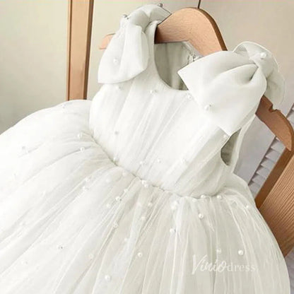 Cute Pearl Tulle Flower Girl Dresses with Bow GL1110-flower girl dresses 2025 -Viniodress-Ivory-Custom Size-