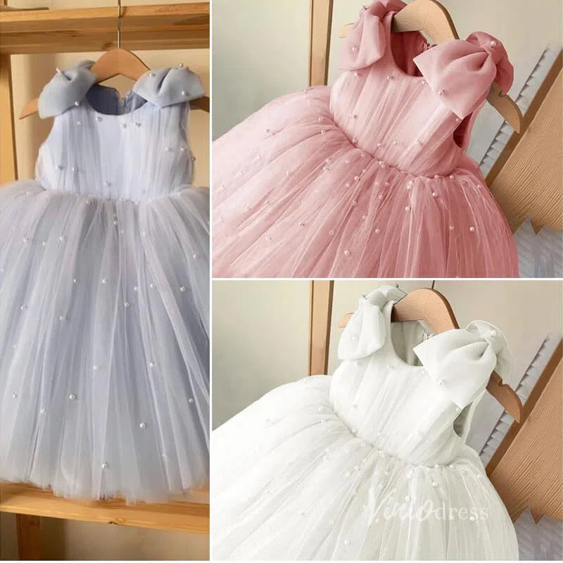 Cute Pearl Tulle Flower Girl Dresses with Bow GL1110-flower girl dresses 2025 -Viniodress-Pink-Custom Size-