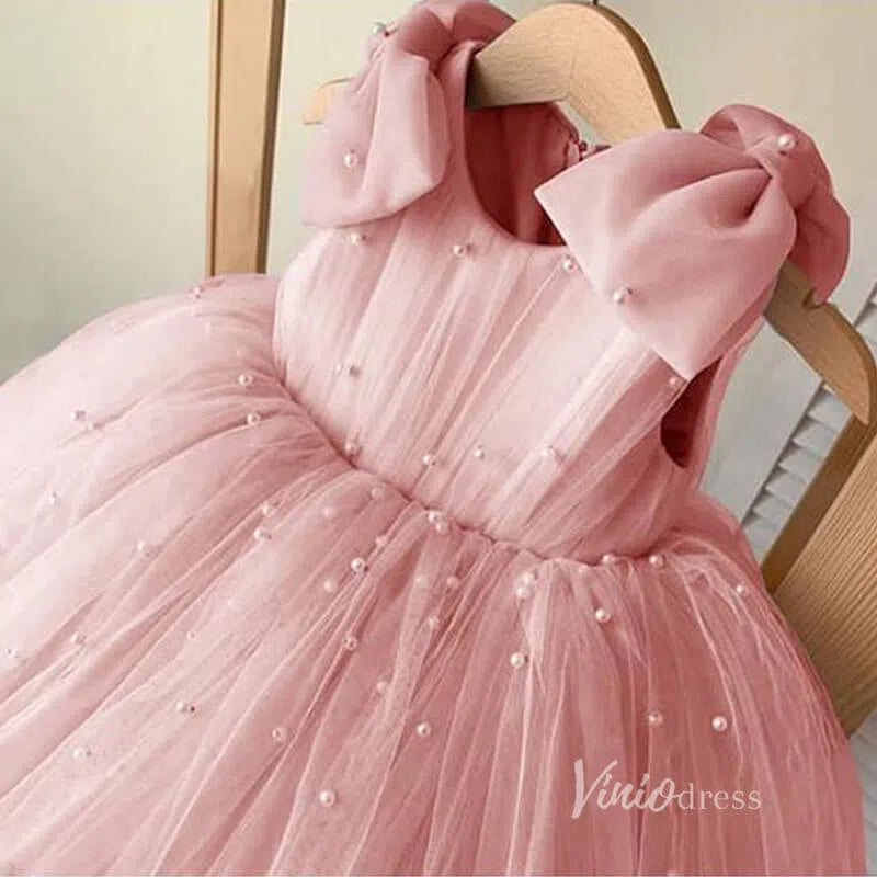 Cute Pearl Tulle Flower Girl Dresses with Bow GL1110-flower girl dresses-Viniodress-Pink-Custom Size-Viniodress