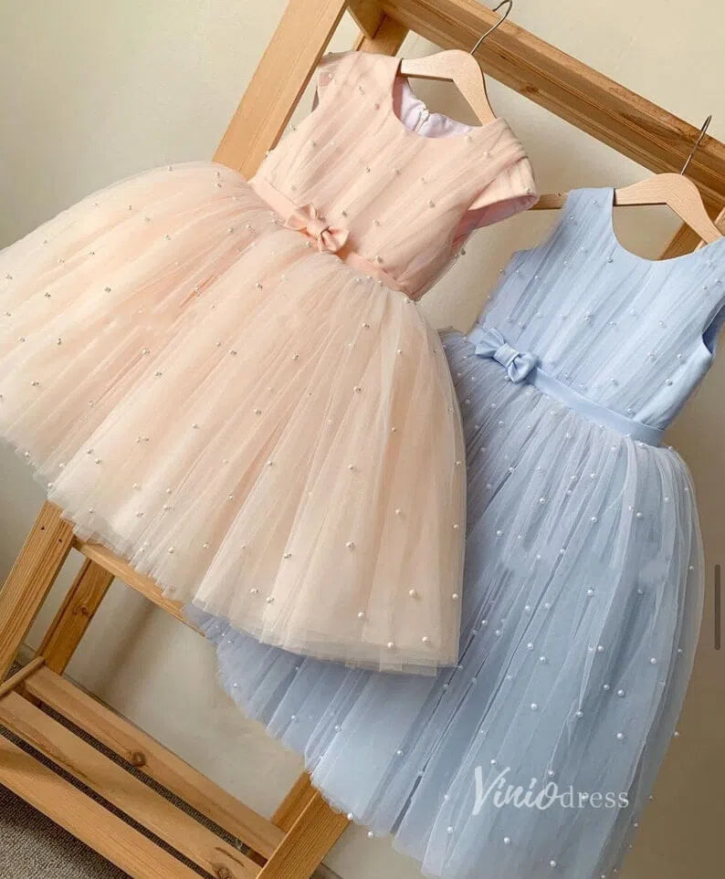 Cute Pearl Tulle Flower Girl Dresses with Bow GL1124-flower girl dresses 2025 -Viniodress-Blush Pink-Custom Size-