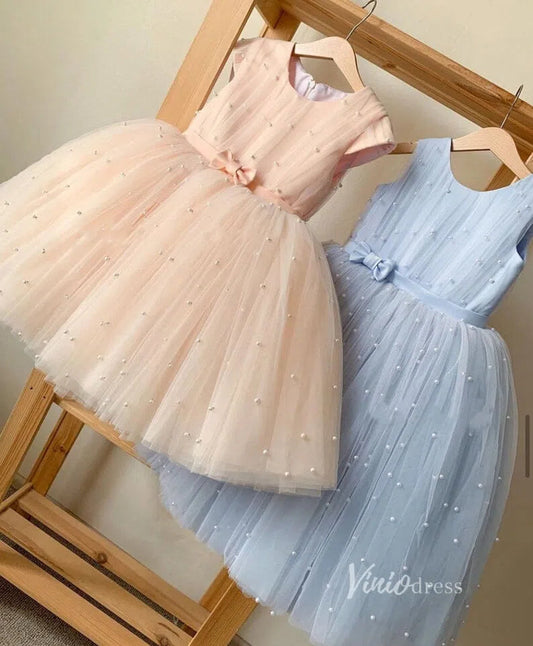 Cute Pearl Tulle Flower Girl Dresses with Bow GL1124-flower girl dresses 2025 -Viniodress-Blush Pink-Custom Size-
