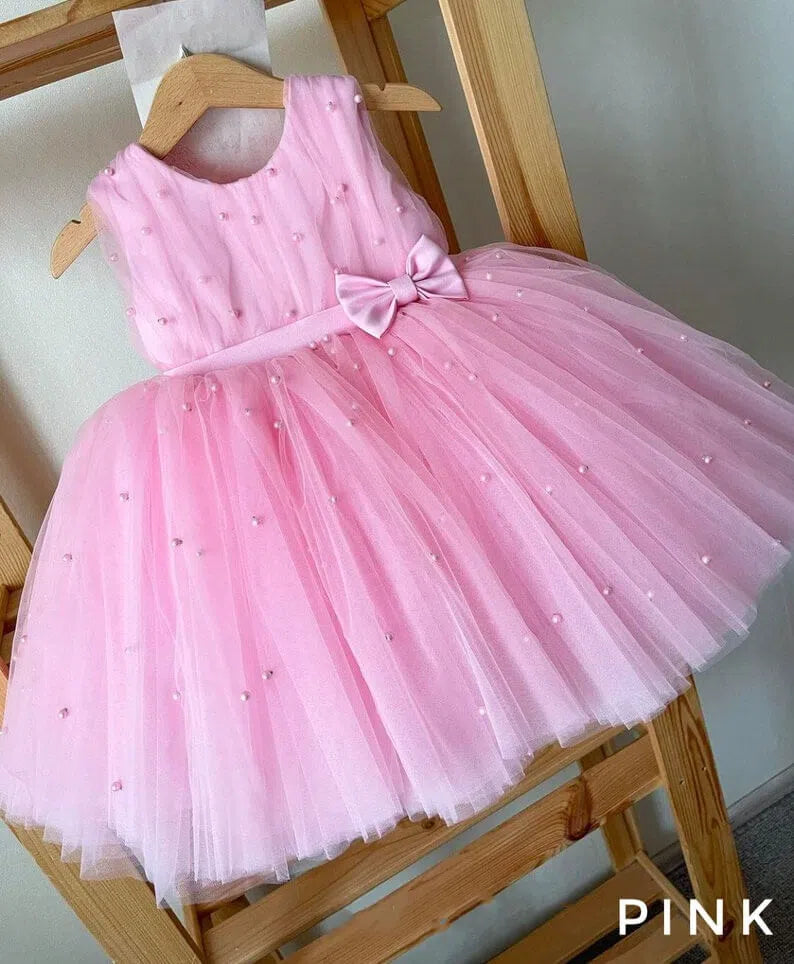 Cute Pearl Tulle Flower Girl Dresses with Bow GL1124-flower girl dresses 2025 -Viniodress-Pink-Custom Size-