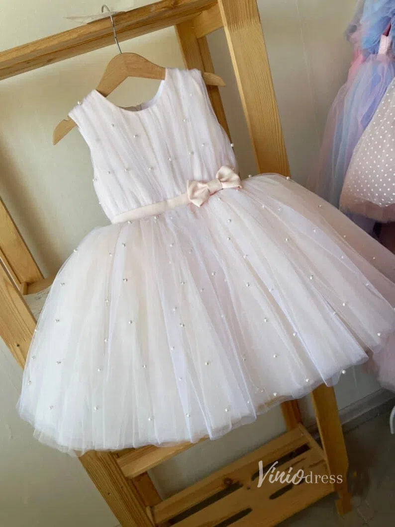 Cute Pearl Tulle Flower Girl Dresses with Bow GL1124-flower girl dresses-Viniodress-Champagne-Custom Size-Viniodress