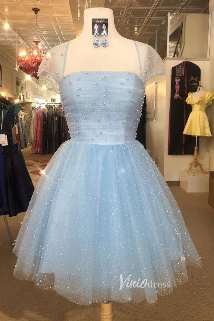 Cute Pearl Tulle Homecoming Dress A-line Short Party Dress SD1263-Homecoming Dresses 2025 -Viniodress-Light Blue-Custom Size-