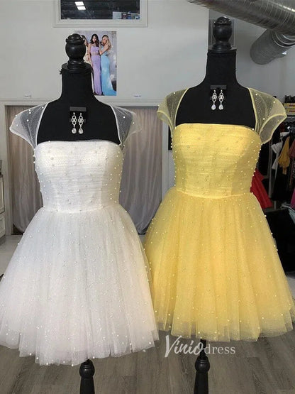 Cute Pearl Tulle Homecoming Dress A-line Short Party Dress SD1263-Homecoming Dresses 2025 -Viniodress-Yellow-Custom Size-