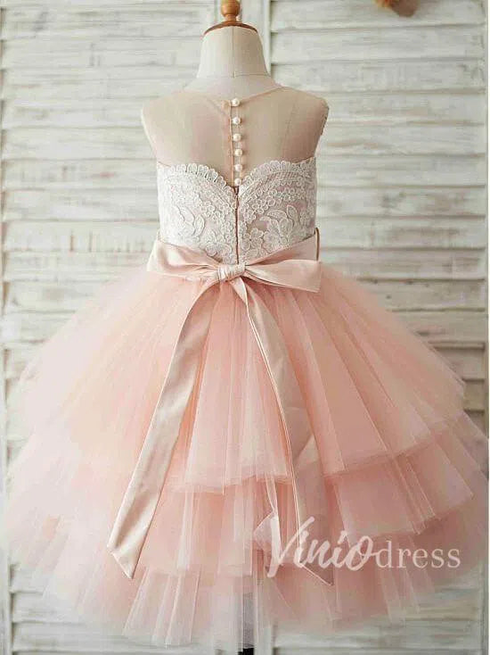 Cute Pink Flower Girl Dresses with Beading Sash GL1003-flower girl dresses 2025 -Viniodress-Blush Pink-Custom Size-