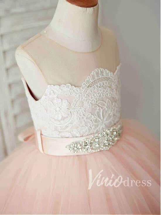 Cute Pink Flower Girl Dresses with Beading Sash GL1003-flower girl dresses 2025 -Viniodress-Blush Pink-Custom Size-