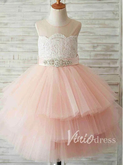 Cute Pink Flower Girl Dresses with Beading Sash GL1003-flower girl dresses 2025 -Viniodress-Blush Pink-Custom Size-