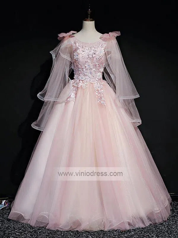 Cute Pink Quinceañera Dresses Ball Gowns with Sleeves FD1464-prom dresses 2025 -Viniodress-Blush Pink-Custom Size-