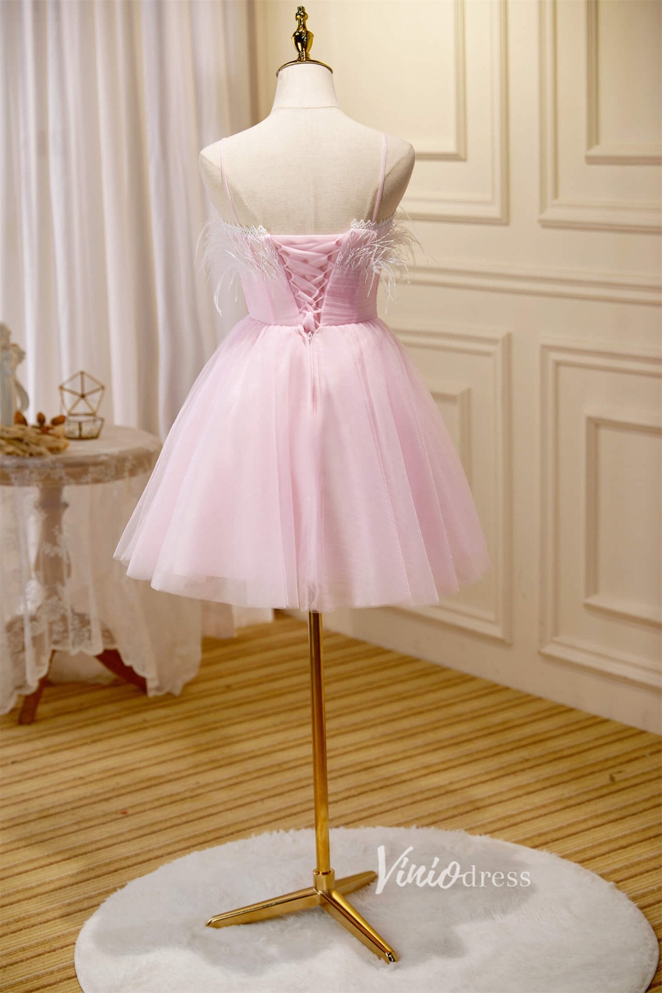 Cute Pink Tulle Hoco Dresses Spaghetti Strap Graduation Dresses SD1534-Dresses 2025 -Viniodress-Blush-Custom Size-