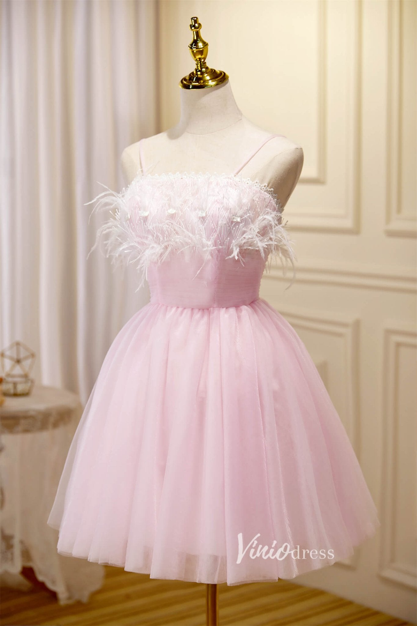 Cute Pink Tulle Hoco Dresses Spaghetti Strap Graduation Dresses SD1534-Dresses 2025 -Viniodress-Blush-Custom Size-