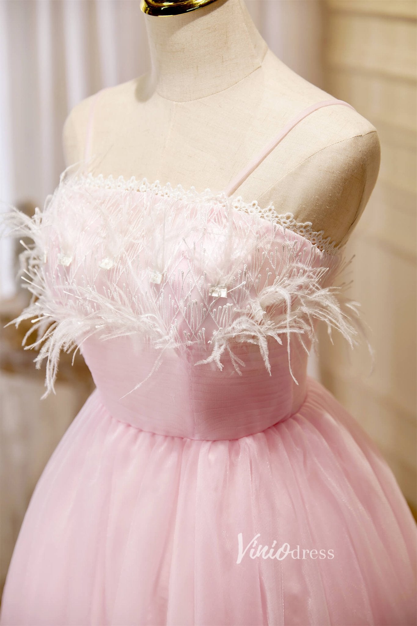Cute Pink Tulle Hoco Dresses Spaghetti Strap Graduation Dresses SD1534-Dresses 2025 -Viniodress-Blush-Custom Size-