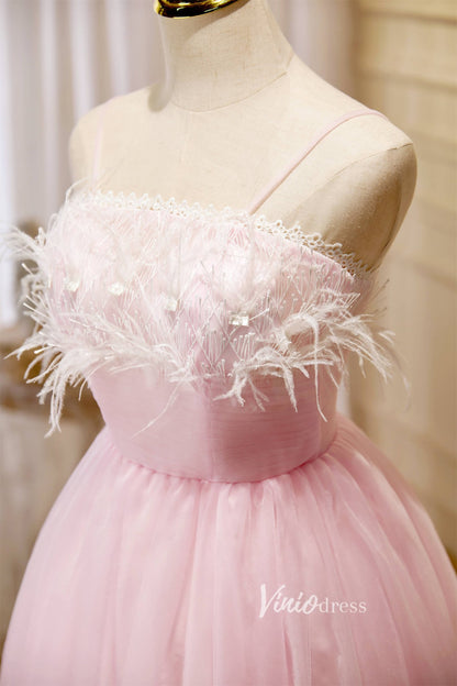 Cute Pink Tulle Hoco Dresses Spaghetti Strap Graduation Dresses SD1534-Dresses 2025 -Viniodress-Blush-Custom Size-