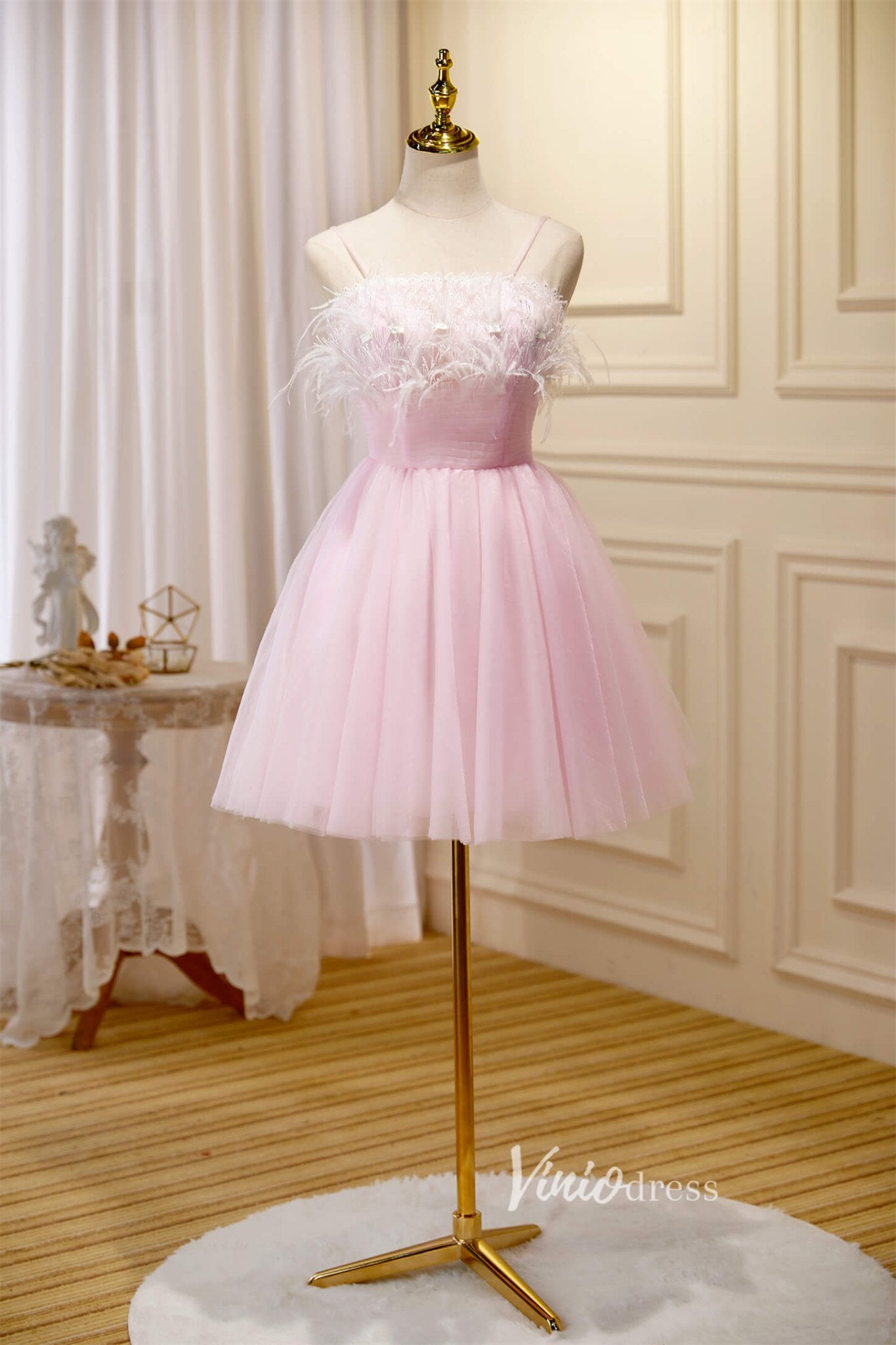 Cute Pink Tulle Hoco Dresses Spaghetti Strap Graduation Dresses SD1534-Dresses 2025 -Viniodress-Blush-Custom Size-