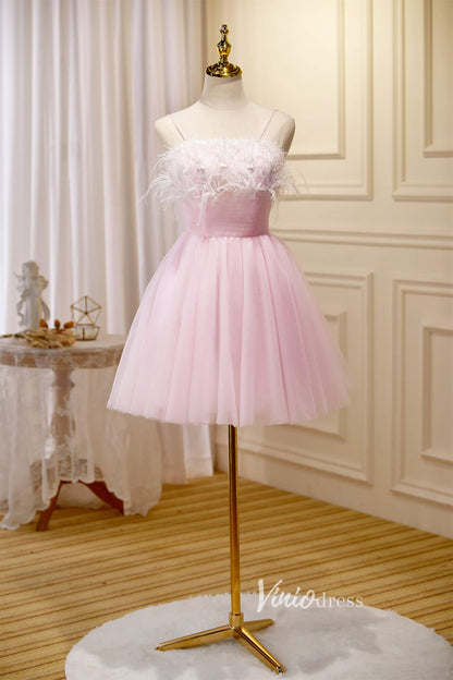 Cute Pink Tulle Hoco Dresses Spaghetti Strap Graduation Dresses SD1534-Dresses 2025 -Viniodress-Blush-Custom Size-