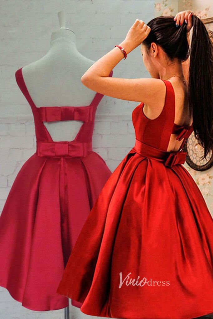 Cute Red Bow Homecoming Dresses with Pockets SD1395-Homecoming Dresses 2025 -Viniodress-Red-Custom Size-