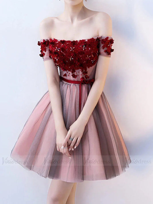 Cute Red Grey Off Shoulder Homecoming Dresses SD1051-Homecoming Dresses 2025 -Viniodress-Burgundy-Custom Size-