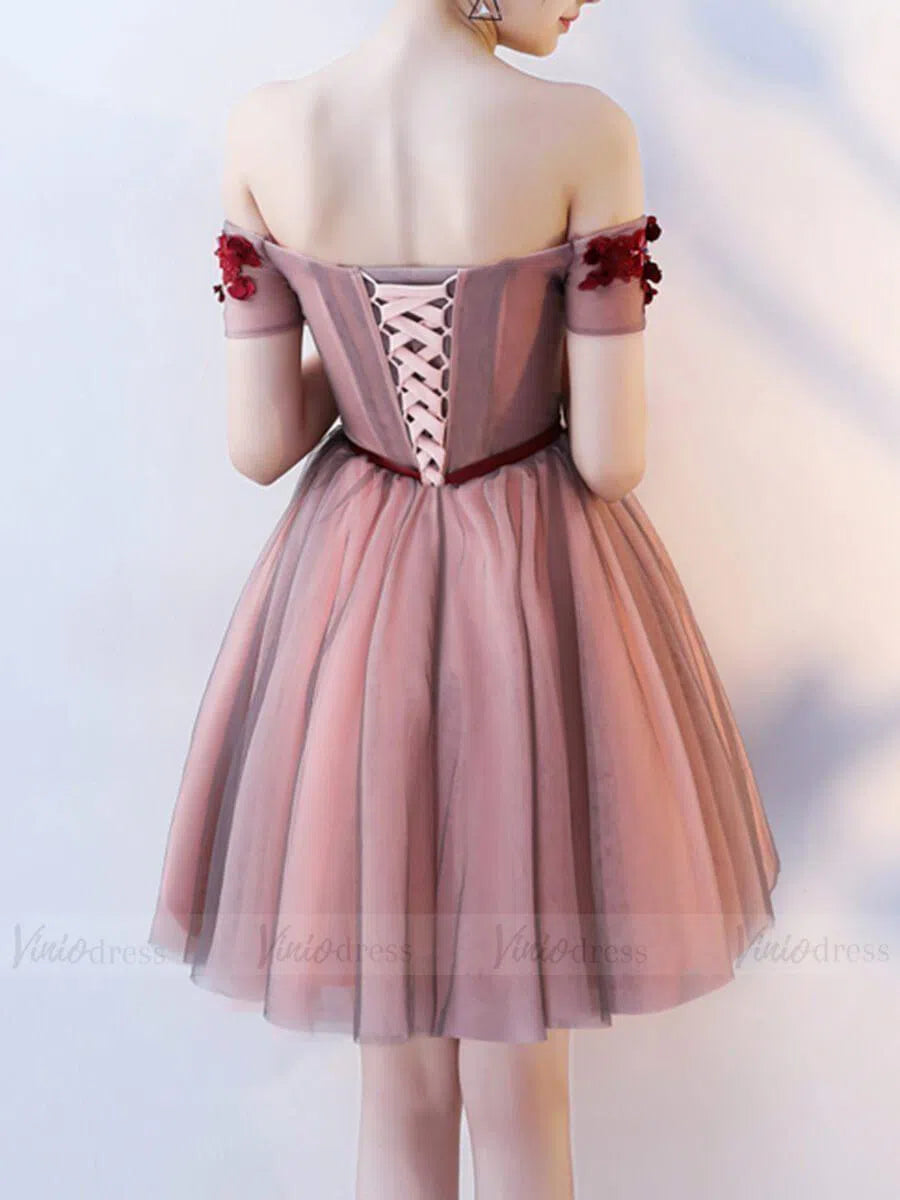 Short Prom Dresses 2025 Cute Red Grey Off Shoulder Homecoming Dresses SD1051-homecoming dresses-Viniodress-Burgundy-Custom Size-Viniodress