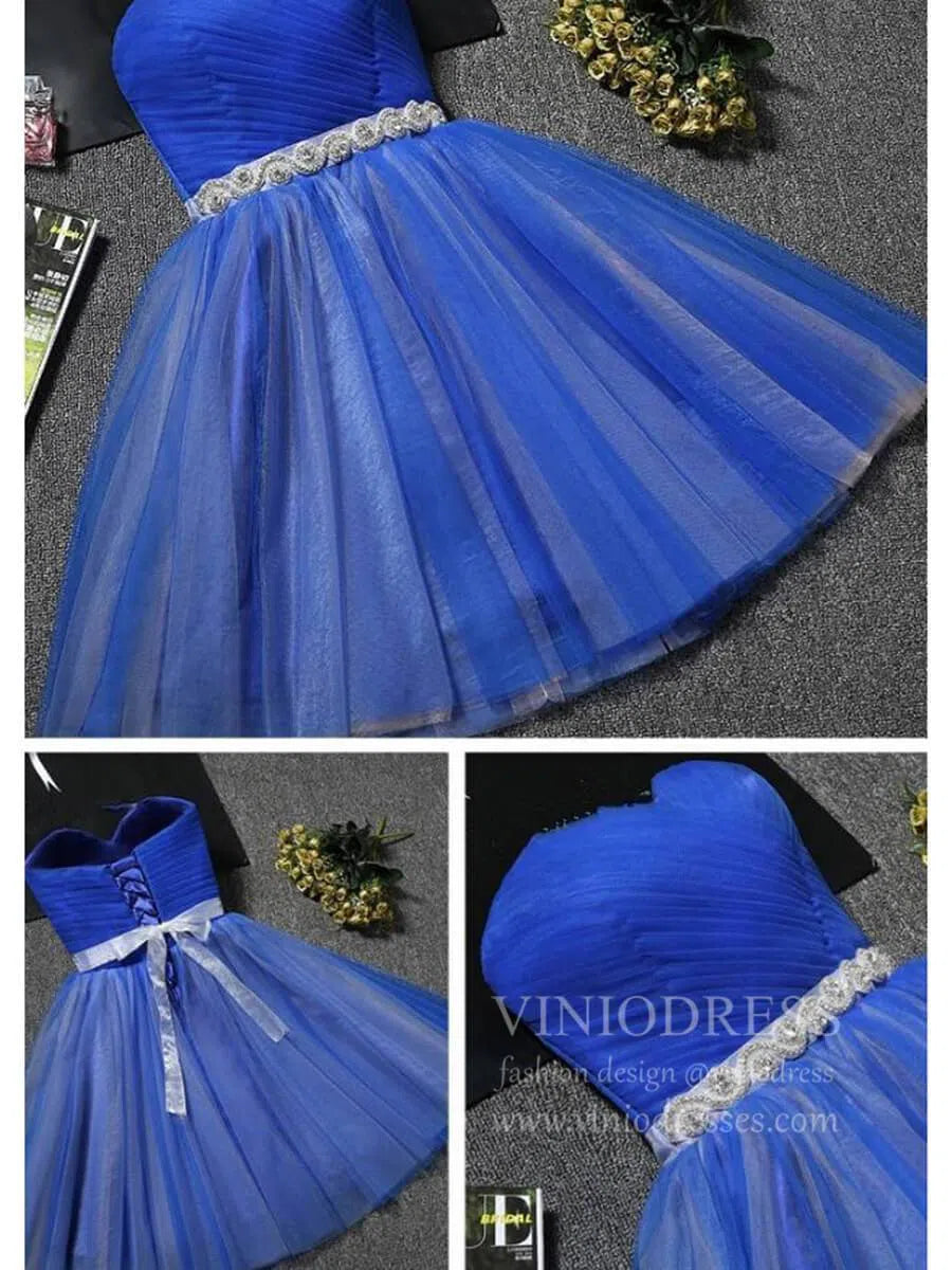 Short Prom Dresses 2025 Cute Royal Blue Strapless Homecoming Dresses with Sash SD1001-homecoming dresses-Viniodress-Royal Blue-Custom Size-Viniodress