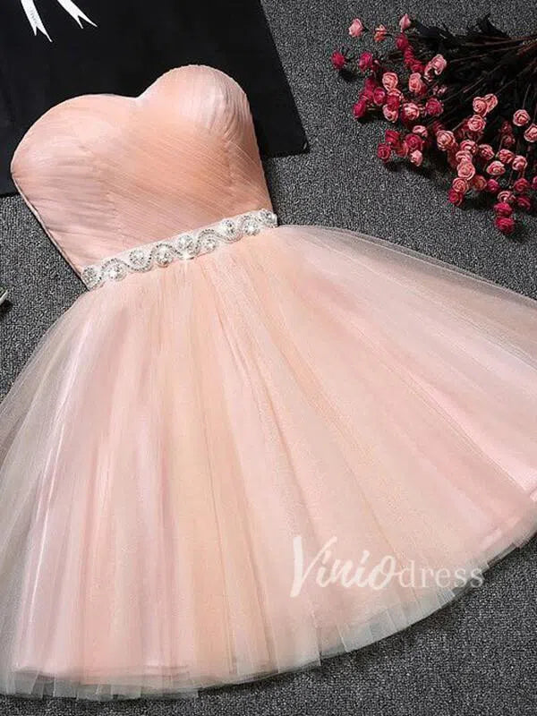 Short Prom Dresses 2025 Cute Royal Blue Strapless Homecoming Dresses with Sash SD1001-homecoming dresses-Viniodress-Blush Pink-Custom Size-Viniodress