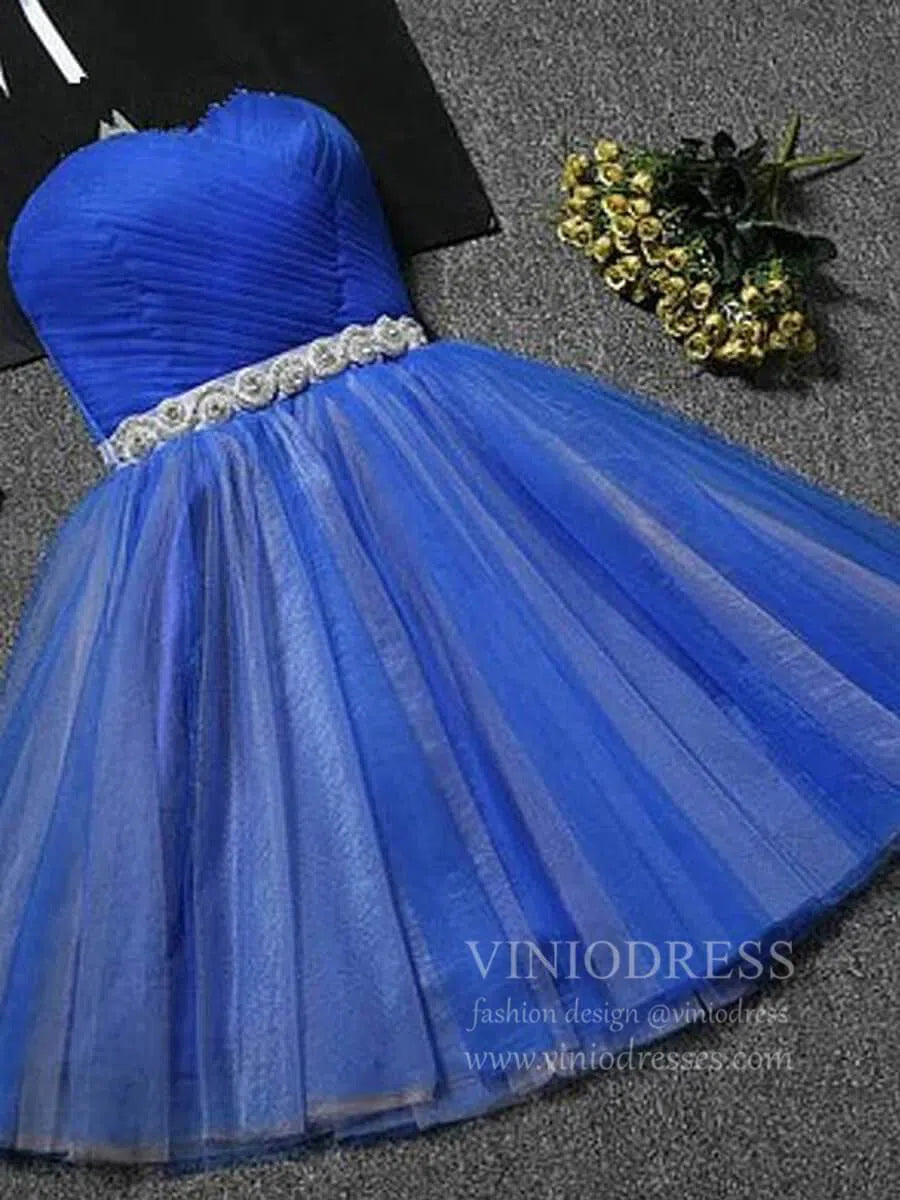 Short Prom Dresses 2025 Cute Royal Blue Strapless Homecoming Dresses with Sash SD1001-homecoming dresses-Viniodress-Royal Blue-Custom Size-Viniodress