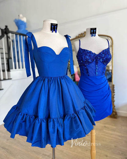 Cute Satin Homecoming Dresses Wide Strap Bow-Tie Short Prom Dress SD1641-prom dresses 2025 -Viniodress-Blue-Custom Size-
