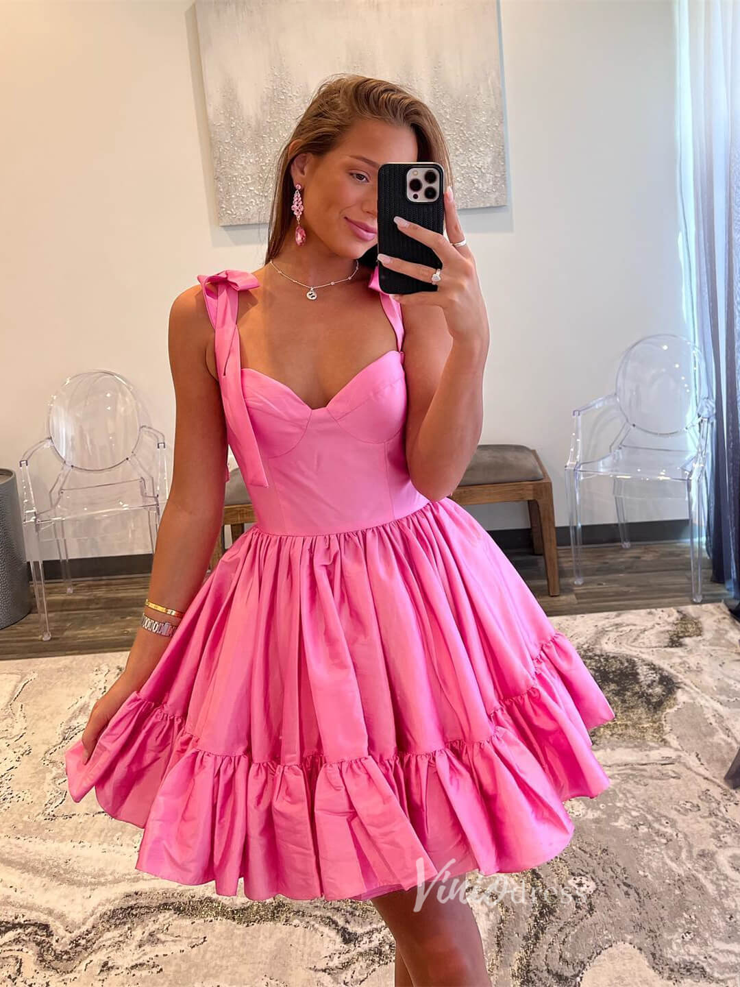 Cute Satin Homecoming Dresses Wide Strap Bow-Tie Short Prom Dress SD1641-prom dresses 2025 -Viniodress-Pink-Custom Size-