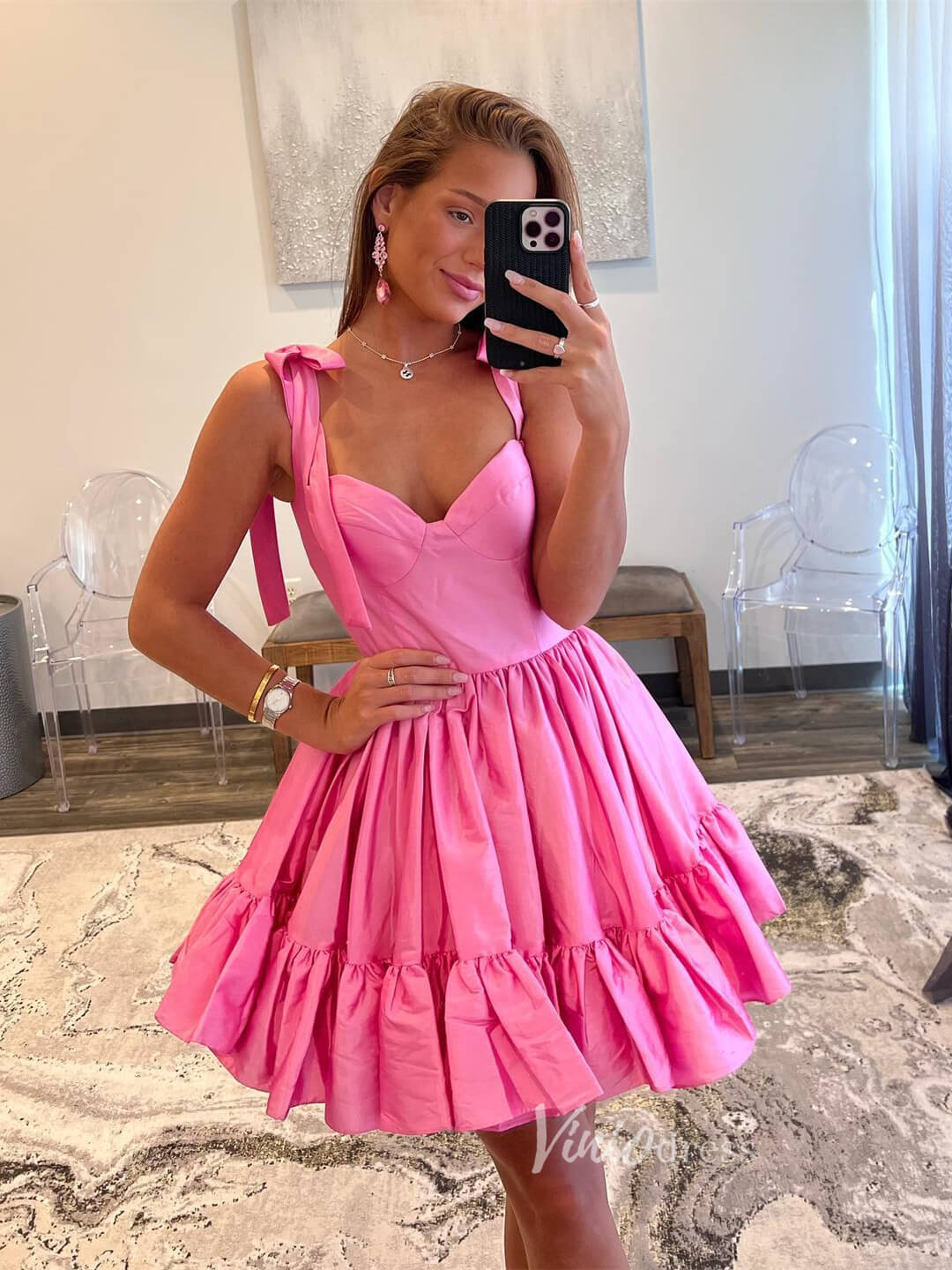 Cute Satin Homecoming Dresses Wide Strap Bow-Tie Short Prom Dress SD1641-prom dresses 2025 -Viniodress-Pink-Custom Size-