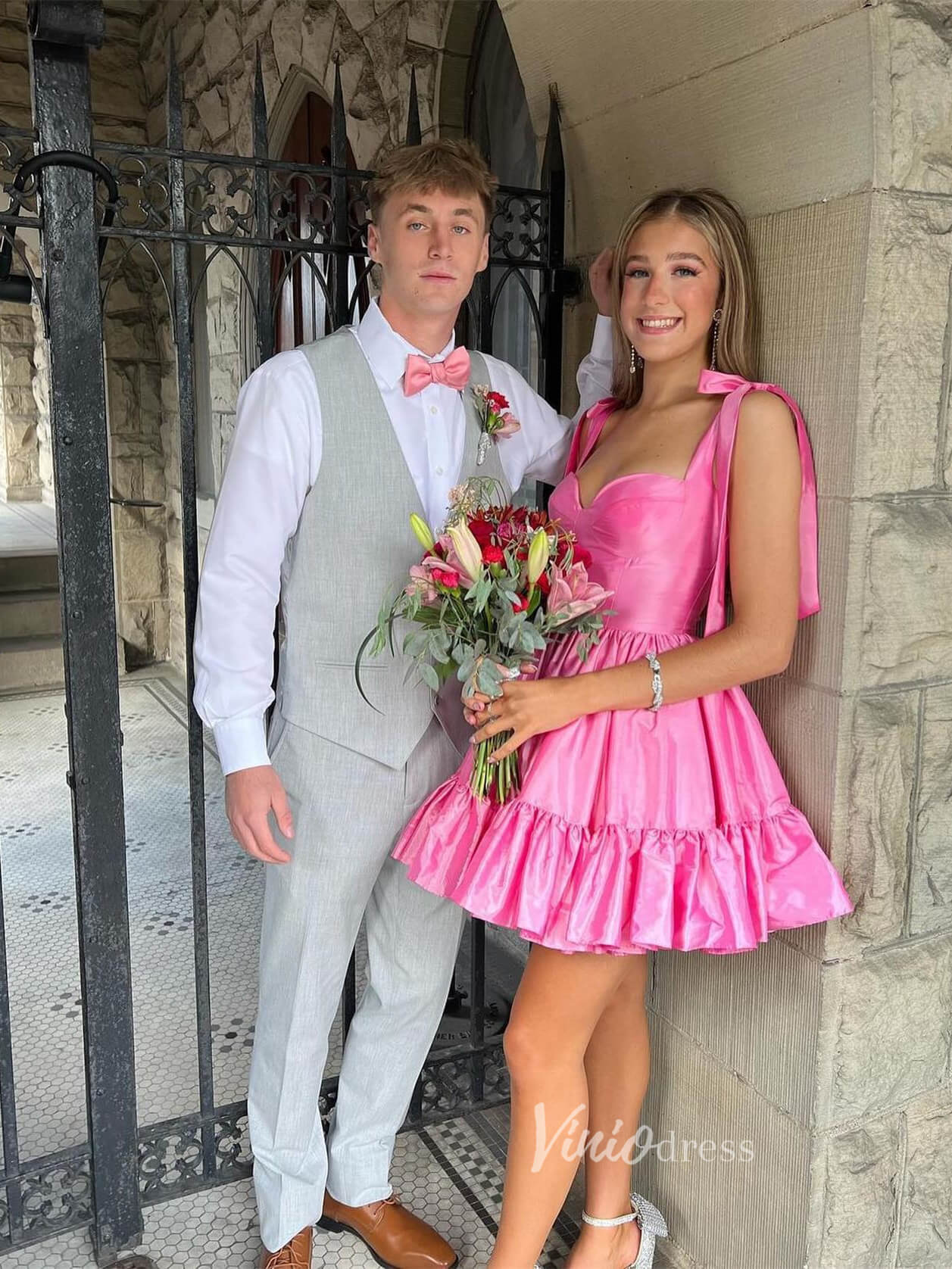 Cute Satin Homecoming Dresses Wide Strap Bow-Tie Short Prom Dress SD1641-prom dresses 2025 -Viniodress-Pink-Custom Size-