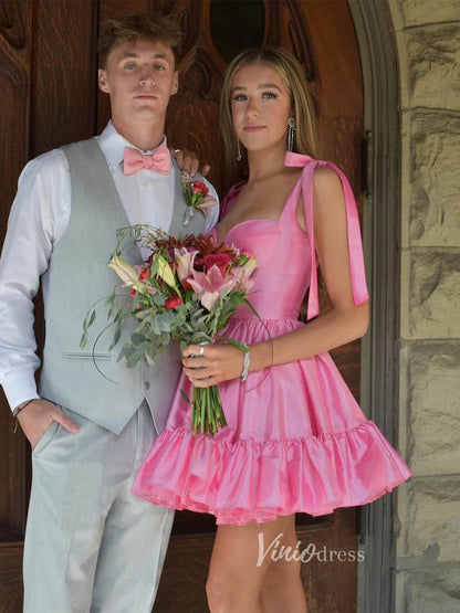 Cute Satin Homecoming Dresses Wide Strap Bow-Tie Short Prom Dress SD1641-prom dresses 2025 -Viniodress-Pink-Custom Size-