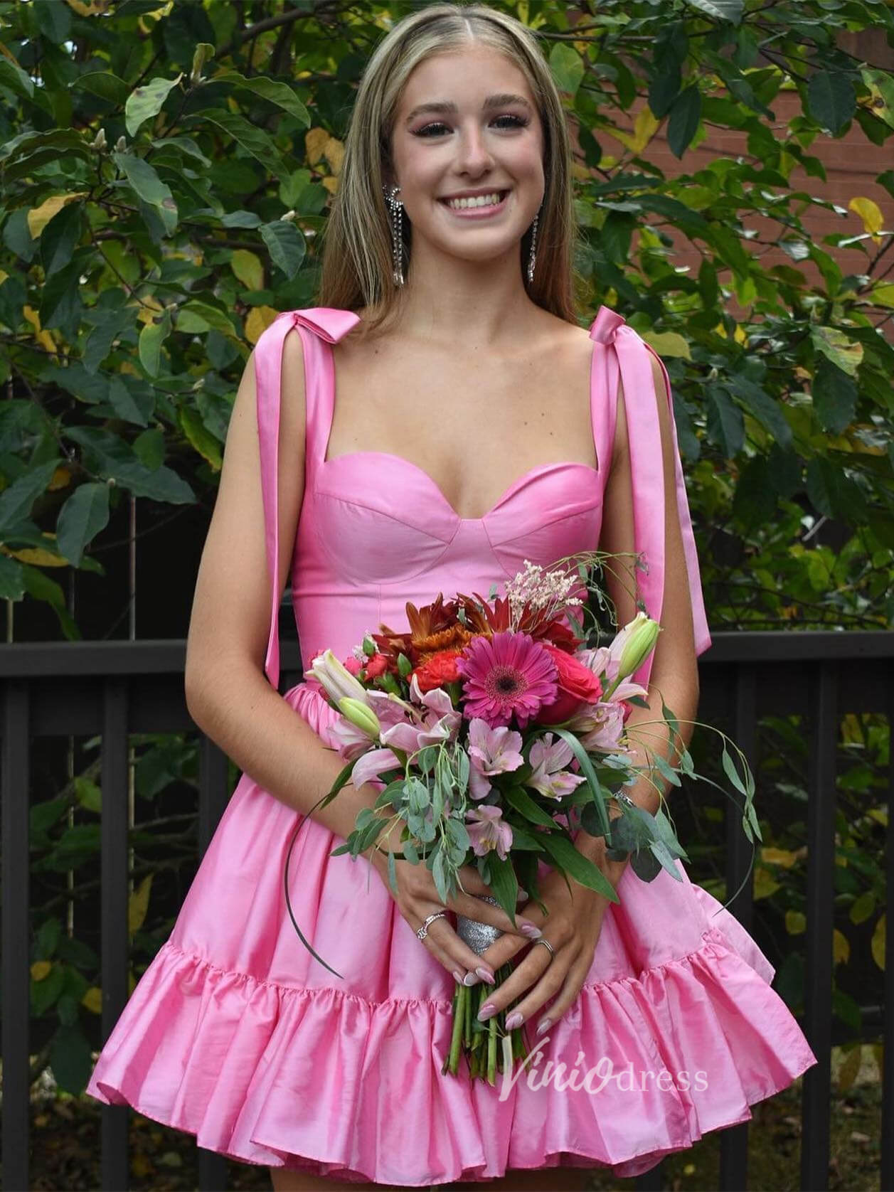 Cute Satin Homecoming Dresses Wide Strap Bow-Tie Short Prom Dress SD1641-prom dresses 2025 -Viniodress-Pink-Custom Size-