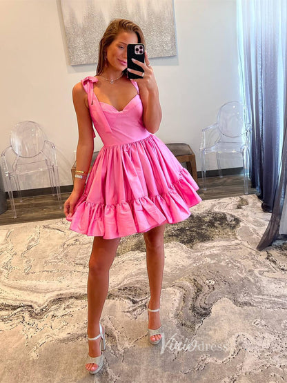 Cute Satin Homecoming Dresses Wide Strap Bow-Tie Short Prom Dress SD1641-prom dresses 2025 -Viniodress-Pink-Custom Size-