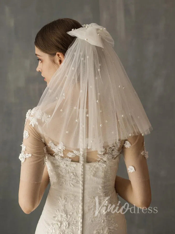 Cute Shoulder Length Bridal Veils with Pearls AC1004-Bridal Veil 2025 -Viniodress-Ivory-