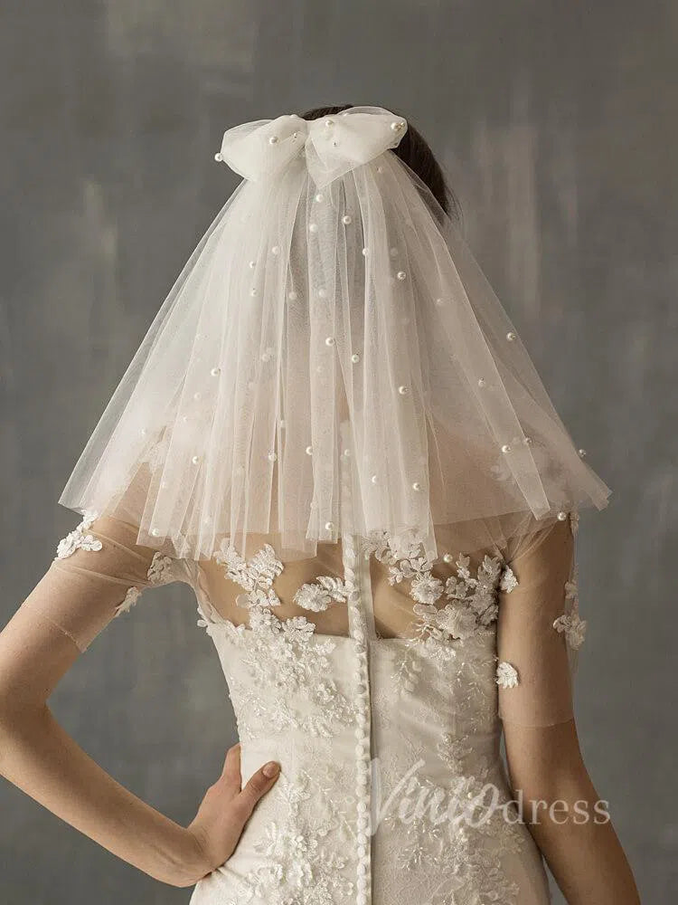 Cute Shoulder Length Bridal Veils with Pearls AC1004-Bridal Veil 2025 -Viniodress-Ivory-