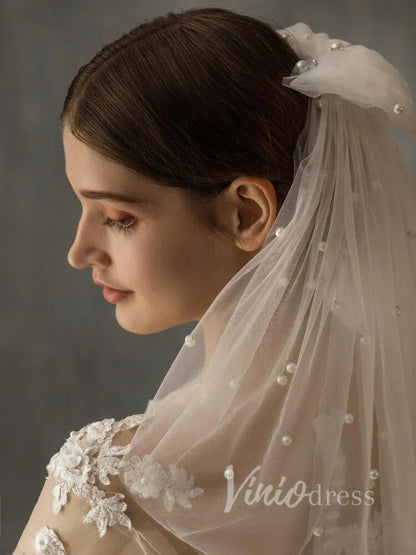 Cute Shoulder Length Bridal Veils with Pearls AC1004-Bridal Veil 2025 -Viniodress-Ivory-