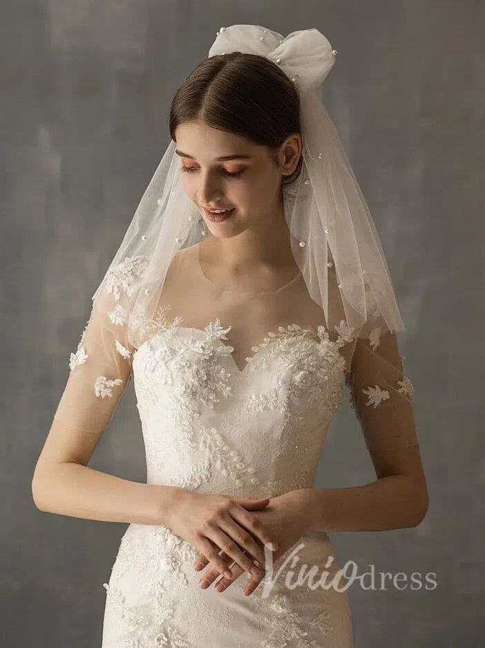 Cute Shoulder Length Bridal Veils with Pearls AC1004-Bridal Veil 2025 -Viniodress-Ivory-
