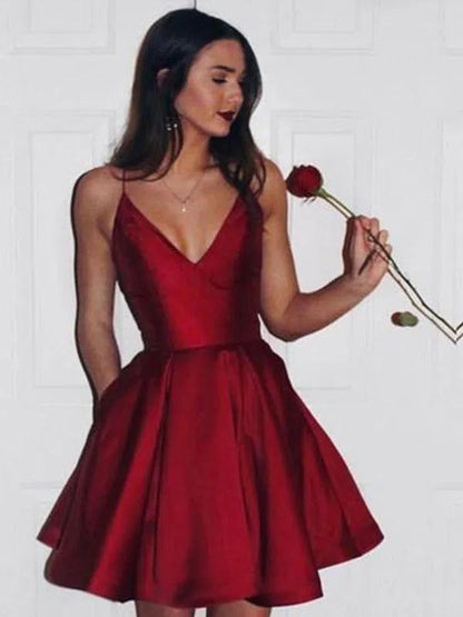 Cute Spaghetti Strap V-neck Satin Homecoming Dresses with Pockets SD1096-Homecoming Dresses 2025 -Viniodress-Burgundy-Custom Size-