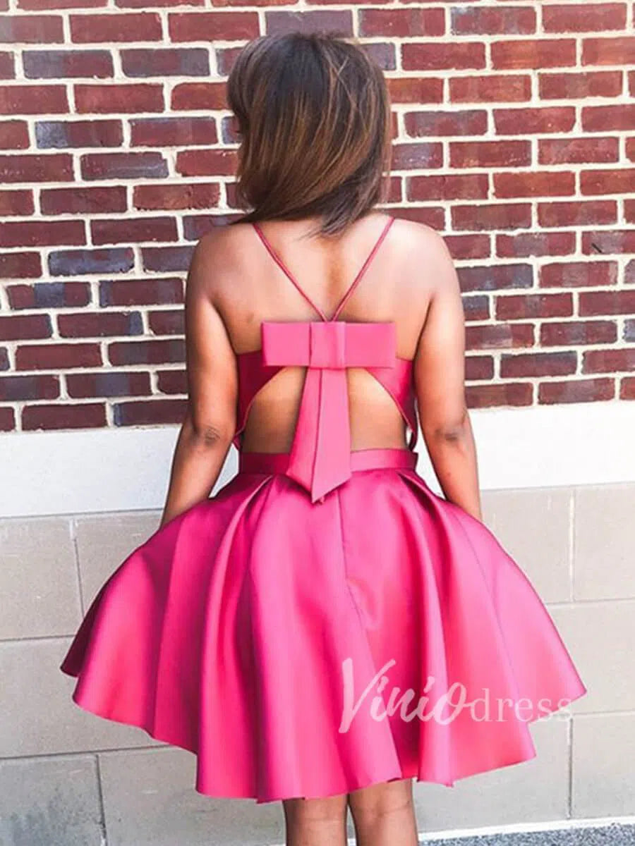 Cute Spaghetti Strap V-neck Satin Homecoming Dresses with Pockets SD1096-Homecoming Dresses 2025 -Viniodress-Hot Pink-Custom Size-