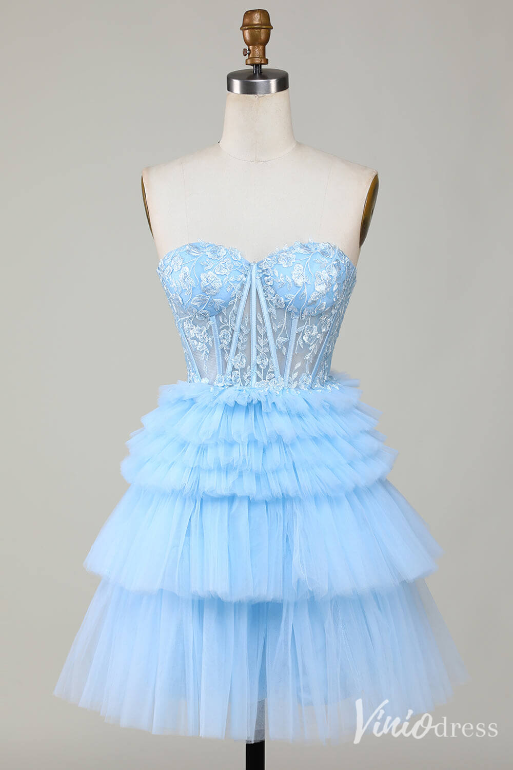 Cute Sweetheart Tiered Homecoming Dresses Strapless Lace Applique Back to School Dress S24043-prom dresses-Viniodress-Light Blue-Custom Size-Viniodress