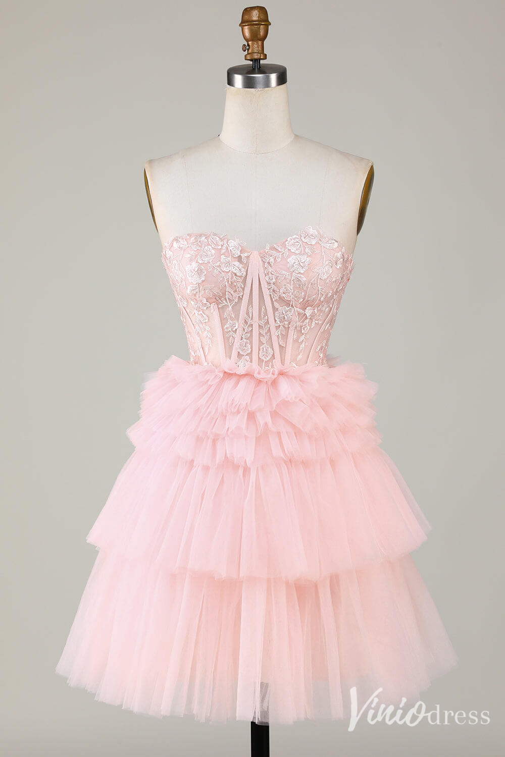 Cute Sweetheart Tiered Homecoming Dresses Strapless Lace Applique Back to School Dress S24043-prom dresses-Viniodress-Pink-Custom Size-Viniodress