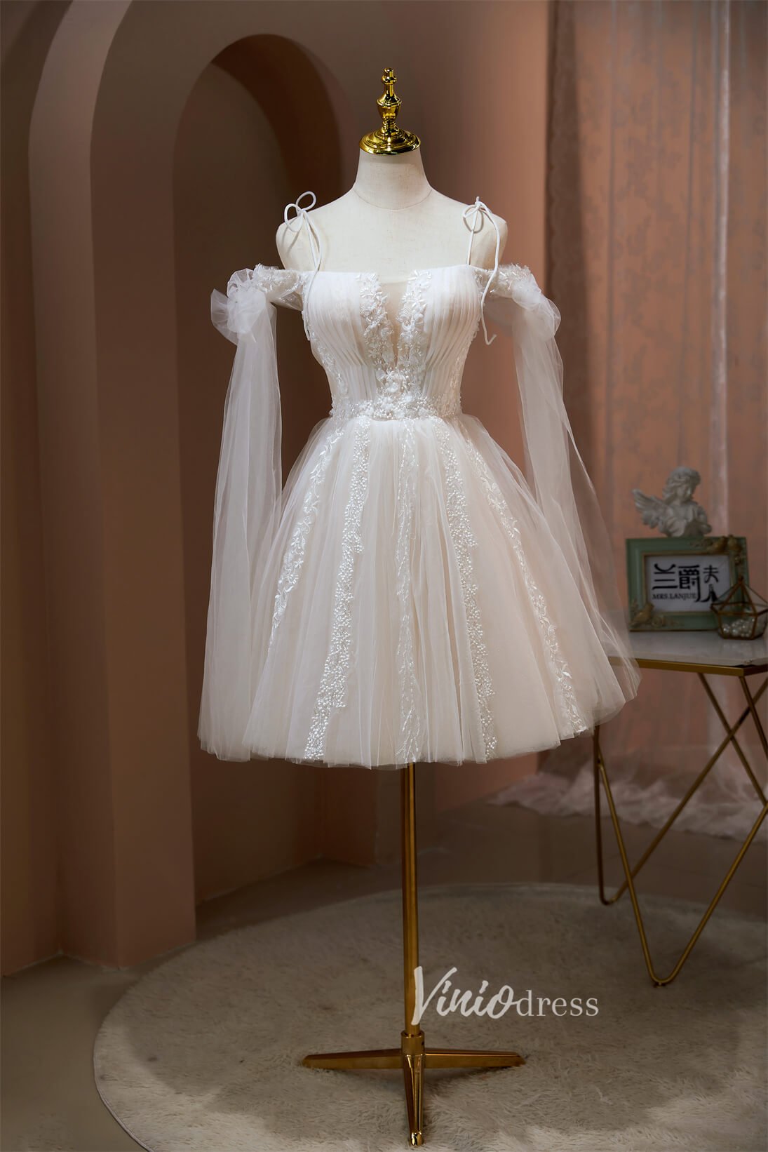 Cute Tulle Homecoming Dresses Cape Sleeve Graduation Dress SD1508-Dresses 2025 -Viniodress-Ivory-Custom Size-