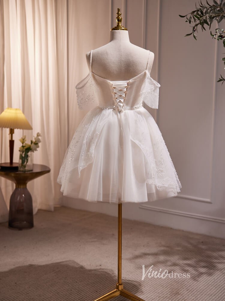 Cute Tulle Short Homecoming Dresses Spaghetti Strap Long Graduation Dress BJ006-prom dresses 2025 -Viniodress-Short-Champagne-Custom Size