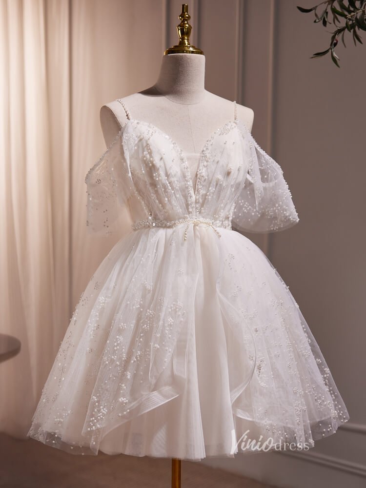 Cute Tulle Short Homecoming Dresses Spaghetti Strap Long Graduation Dress BJ006-prom dresses 2025 -Viniodress-Short-Champagne-Custom Size