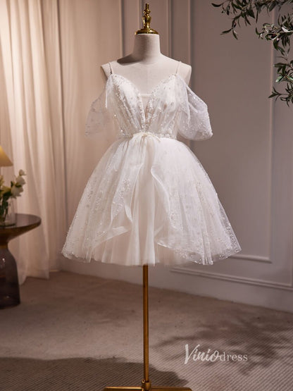 Cute Tulle Short Homecoming Dresses Spaghetti Strap Long Graduation Dress BJ006-prom dresses 2025 -Viniodress-Short-Champagne-Custom Size