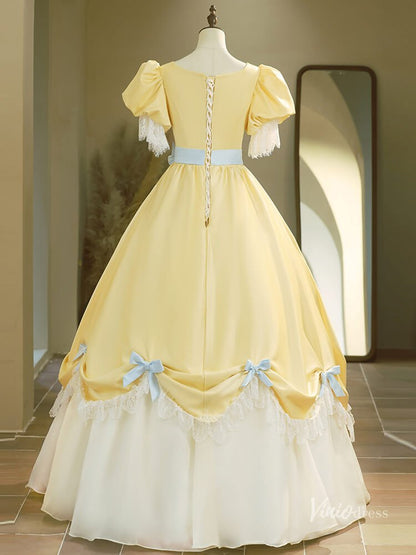 Cute Yellow Puffed Sleeve Prom Ball Gown Bow Tie Lace Quinceanera Dresses BG021-prom dresses 2025 -Viniodress-Yellow-Custom Size-