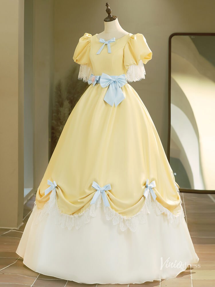 Cute Yellow Puffed Sleeve Prom Ball Gown Bow Tie Lace Quinceanera Dresses BG021-prom dresses 2025 -Viniodress-Yellow-Custom Size-